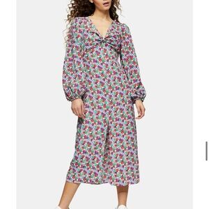 Topshop Floral Long Sleeve Midi Dress
